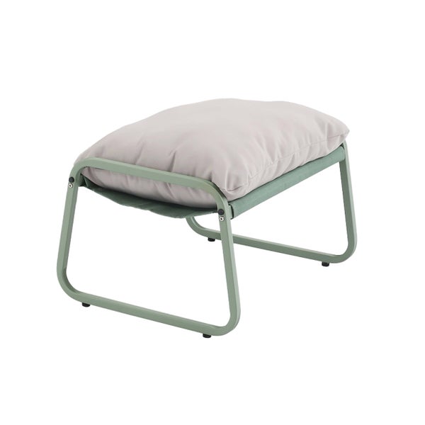 Outdoor-Fußhocker mit grünem Metallgestell und dickem grauen Polsterkissen für Garten und Terrasse.