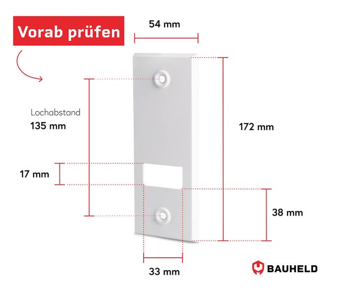 Technische Zeichnung einer weissen Bauheld Gerätehalterung mit Massangaben