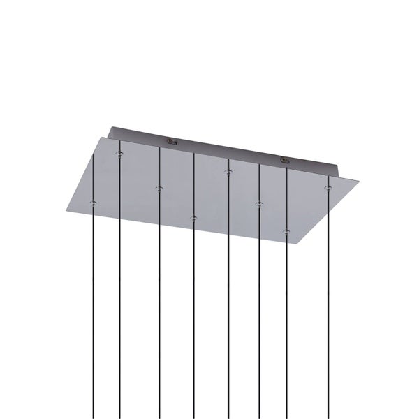 Rechteckiger Deckenbaldachin aus Metall für Pendelleuchten mit acht schwarzen Kabeln.