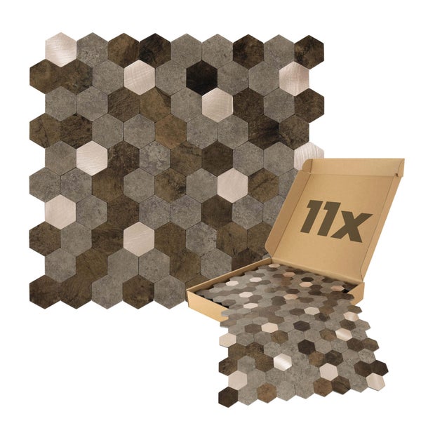 Mosaikfliesen im Sechseck-Design, Mix aus Stein- und Metalloptik in Braun und Grau, 11 Stück pro Packung.