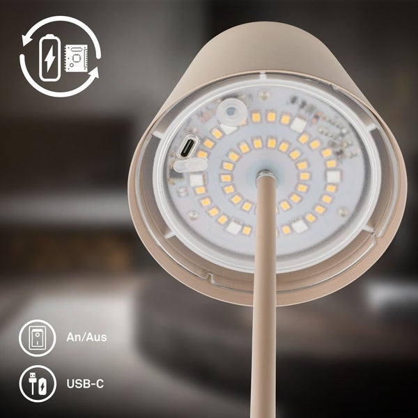 Briloner Calida 3 in 1 RGBW LED Tischlampe kabellos IP44, Dimmbar, Touch, Höhenverstellbar, Spritzwasserschutz, Beige, 36 x Ø10,5 cm