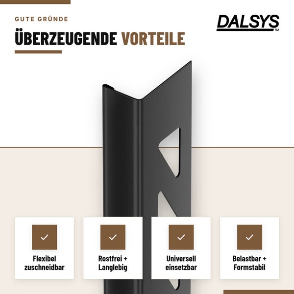 Dalsys Fliesenprofil als Eckschutz mit Vorteilsübersicht über Flexibilität, Langlebigkeit, Einsatzmöglichkeiten und Formstabilität.