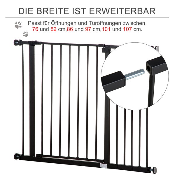 PawHut Türschutzgitter, Treppenschutzgitter ohne Bohren, Hunde Absperrgitter, Schutzgitter für Haustier, Hundegitter, Klemmbefestigung, Stahl, Schwarz, 76-107 x 76 cm