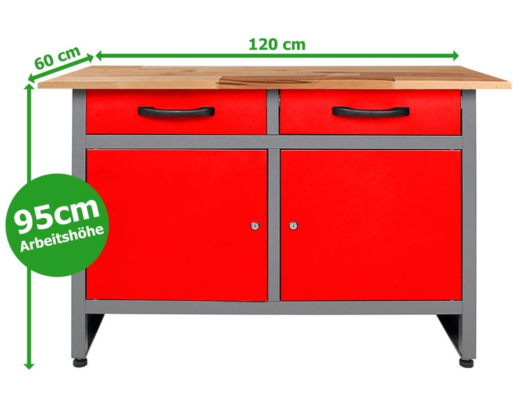 Ondis24 Werkstatt Set Werner 120 cm 1 Schrank 95 cm rot, Werkstatteinrichtung, Werkbank