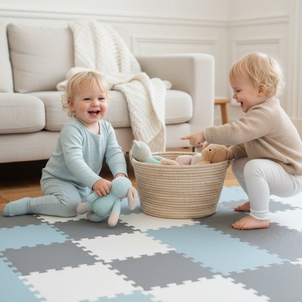 Zwei Kleinkinder spielen auf einer quadratischen Spielmatte mit Puzzle-Design in einem hellen Wohnzimmer.