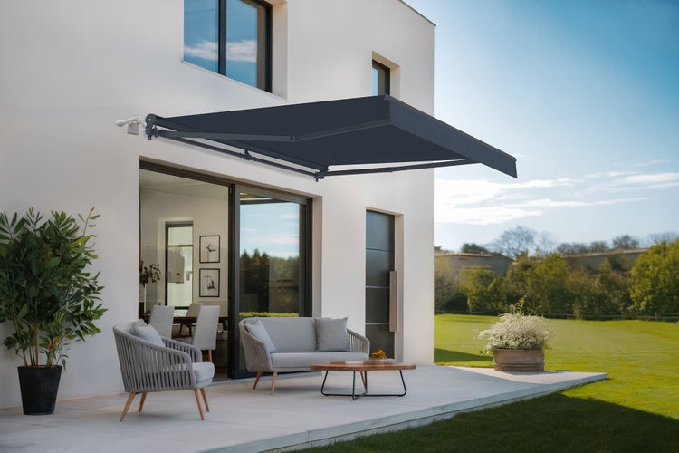 FAZZIO 3x2,5m graue motorisierte Halbkassettenmarkise - Premium-Canvas 320 g/m²