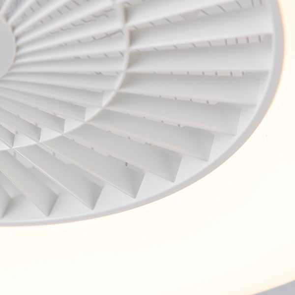 Detailaufnahme eines weißen Deckenventilators mit Licht, Kunststofflamellen und leuchtendem Lichtring.
