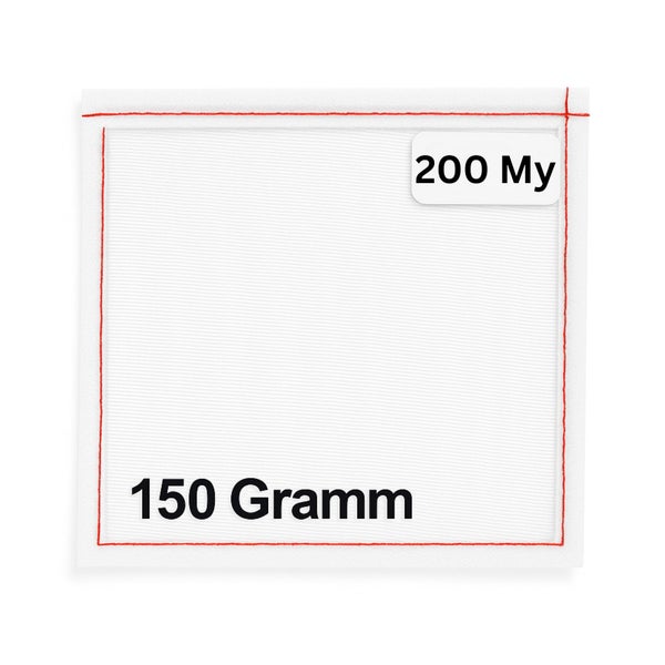 Produktspezifikation mit 200 Mikrometer Dicke und 150 Gramm Gewicht.