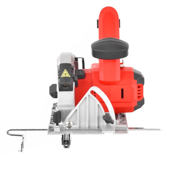 Handkreissäge mit rotem Gehäuse, silberfarbener Grundplatte und Parallelanschlag in der Frontansicht.