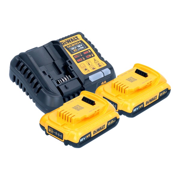 DeWalt Akku-Starter-Set mit einem Ladegerät DCB1104 und zwei 18 Volt XR Lithium-Ionen-Akkus mit 2,0 Amperestunden.
