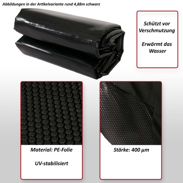 Schwarze Poolabdeckung rund mit einem Durchmesser von circa 4,88 Meter aus Polyethylenfolie, 400 Mikrometer stark, UV-stabilisiert, schützt vor Verschmutzung und erwärmt das Wasser