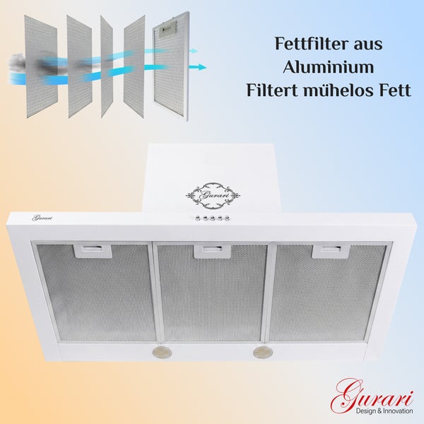 Dunstabzugshaube von Gurari mit Aluminium Fettfilter zur effektiven Reinigung der Kochluft in der Küche.