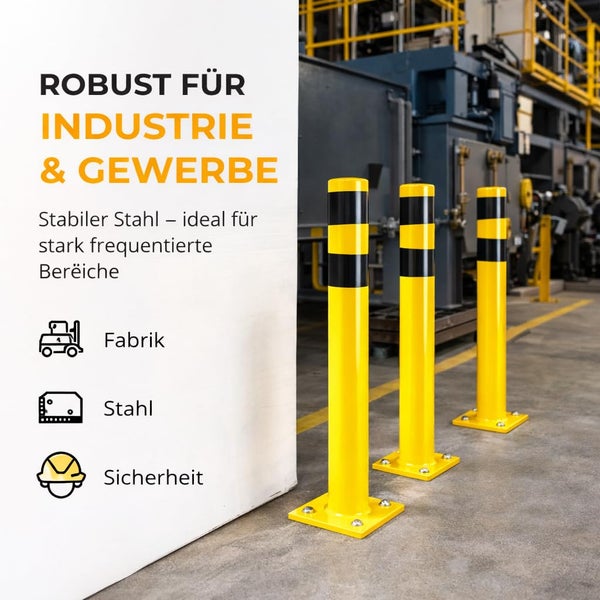 Drei gelbe Absperrpfosten aus Stahl mit schwarzen Streifen in einer Industriehalle, montiert auf Betonboden für Sicherheit und Rammschutz.