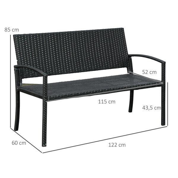 Outsunny Gartenbank, Sitzbank in Rattanoptik, für 2 Personen, bis 320 kg Belastbar, 122 x 60 x 85cm, PE Polyrattan, Stahl, Schwarz