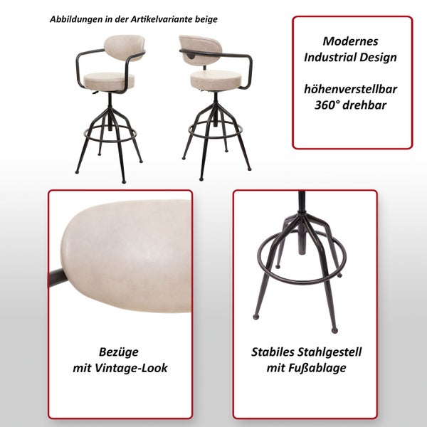 Barhocker mit Armlehnen, höhenverstellbar und um 360 Grad drehbar, mit Stahlgestell und Fußstütze