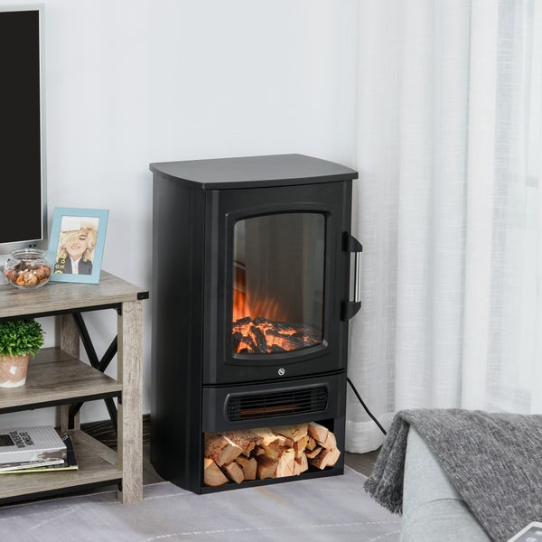 HOMCOM Elektrokamin mit Flammeneffekt, 1000 W/2000 W, 20–25 qm, 44,5x32,1x74 cm, Metall, gehärtetes Glas, Schwarz