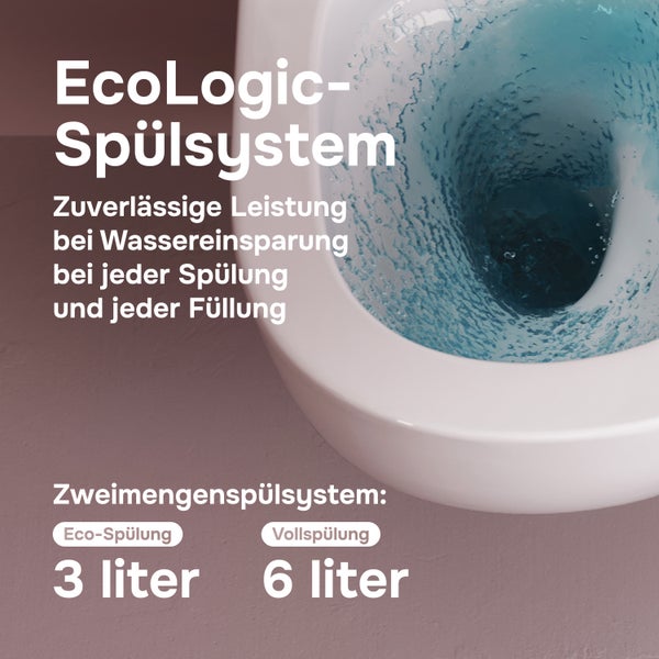 EcoLogic Spülsystem für Wand WC mit wassersparender Zweimengenspülung von 3 Liter und 6 Liter für effiziente Spülleistung.