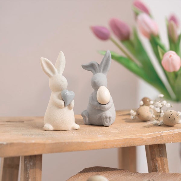 FRANK FLECHTWAREN|Hase Herzchen & Osterei, 2er Set, 6 x 6 x 12,5 cm, 6,5 x 5,5 x 12,5 cm, PORZELLAN