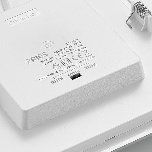 LED Einbaupanel Prios mit CCT-Schalter für 3000, 4000 und 6000 Kelvin, IP44, 24 Watt, inklusive Treiber und Federclip.