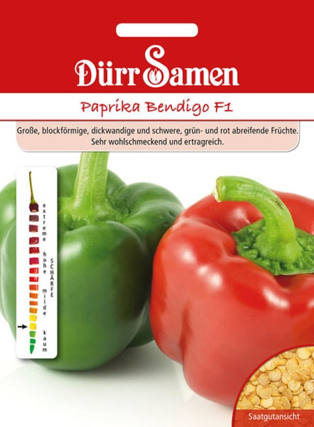 Samentüte für Paprika Bendigo F1 von Dürr Samen mit Abbildung einer grünen und roten Gemüsepaprika sowie einer Skala für kaum Schärfe.