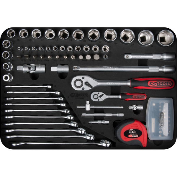 KS Tools Werkzeugsatz im Koffer mit Steckschlüsseln, Schraubenschlüsseln, Schraubendreher-Bits und Rollbandmaß