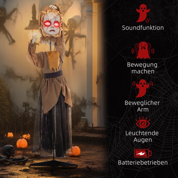 Animierte Hängefigur mit Soundfunktion, beweglichen Armen, leuchtenden Augen und Batteriebetrieb für Halloween Dekoration.