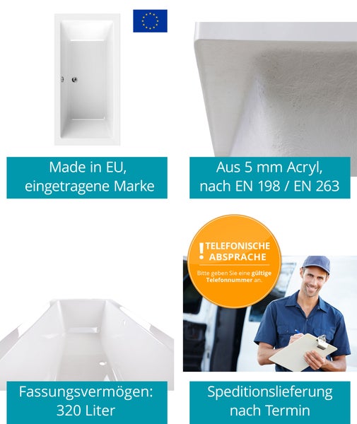 Calmwaters® Rechteck-Badewanne 190x90 cm, Acrylwanne Modern Square 2, Duo-Badewanne für zwei Personen, ergonomische Körperformbadewanne, Maße 190 x 90 cm, Rechteckbadewanne Weiß, 02SL3322