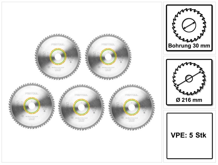 Festool 5x Feinzahn Kreissägeblatt HW 216 x 2,3 x 30 mm W60 216 mm 60 Zähne ( 5x 500125 )