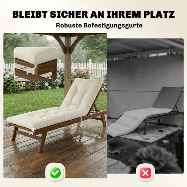 Gartenliegen-Auflage mit Befestigungsgurten für sicheren Halt auf einer Holzliege bei Regen im Vergleich zu einer rutschenden Auflage ohne Gurte.