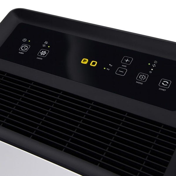 Nahaufnahme des digitalen Bedienfelds und des Luftauslasses eines Luftreinigers mit Touch-Tasten für Timer, Geschwindigkeit und Modus.