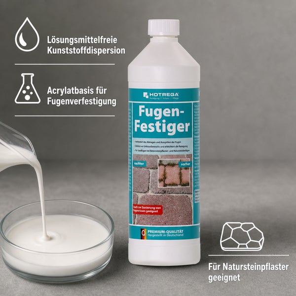 Hotrega Fugen Festiger Kunststoffdispersion zur Fugenverfestigung bei Betonsteinpflaster und Natursteinpflaster.