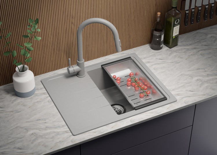 PRIMAGRAN Spülbecken Grau 62x50cm, Granitspüle 1 Becken + Ablauf-Set, Küchenspüle ab 40er Unterschrank - Mailand