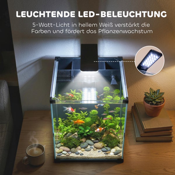 Eingerichtetes Aquarium mit 5 Watt LED-Beleuchtung, Wasserpflanzen und Zierfischen auf einem Holztisch in einem hellen Raum.