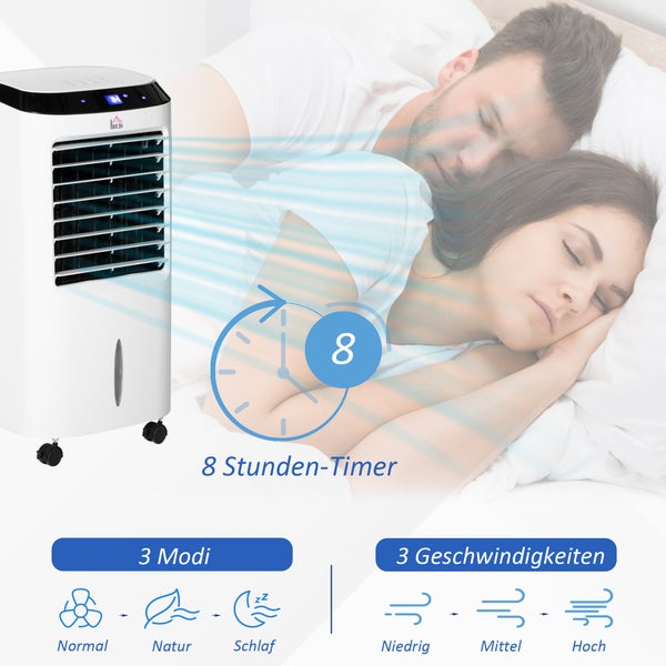 HOMCOM 4 in 1 Mobiler Luftkühler mit Luftbefeuchtung, Luftkühler, 8h Timer, 10L, Nutzungsraum 20㎡, 60W, 38,2 x 31,6 x 76 cm, ABS, Weiß+Schwarz