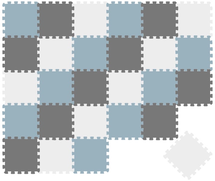 Set aus quadratischen Schaumstoff Puzzlematten für den Boden in verschiedenen Nuancen angeordnet.