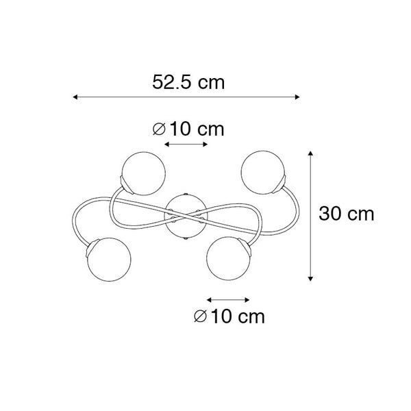 Abmessungen der Deckenleuchte: 52,5 cm breit, 30 cm hoch, Kugeldurchmesser 10 cm