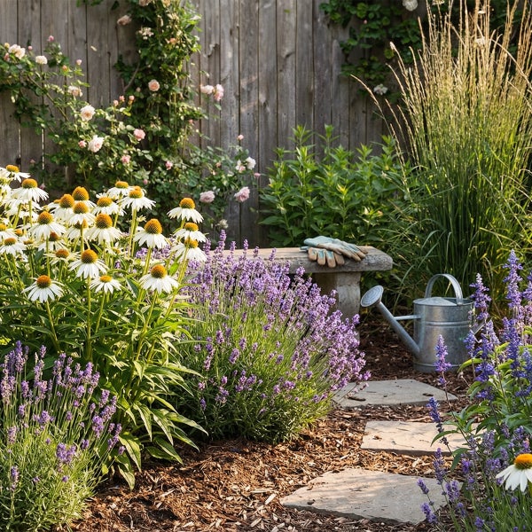 Gartenbeet mit Sonnenhut, Lavendel, Gartenbank aus Stein, Gießkanne aus Zink und Trittsteinen vor einem Holzzaun.