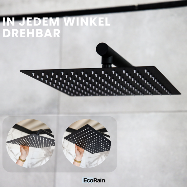 EcoRain 30% Wassersparender Regenduschkopf Tyler 40 CM Quadrat - Hoher Wasserdruck - Universeller Anschluss - Anti-Kalk Duschkopf - Schwarz