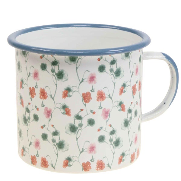 Emailletasse mit Blumenmuster und blauem Rand