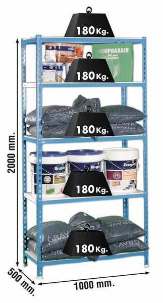 Schwerlastregal BIG METAL SHARK | HxBxT 200x100x50cm | Fachlast 180kg | Blau-Weiß