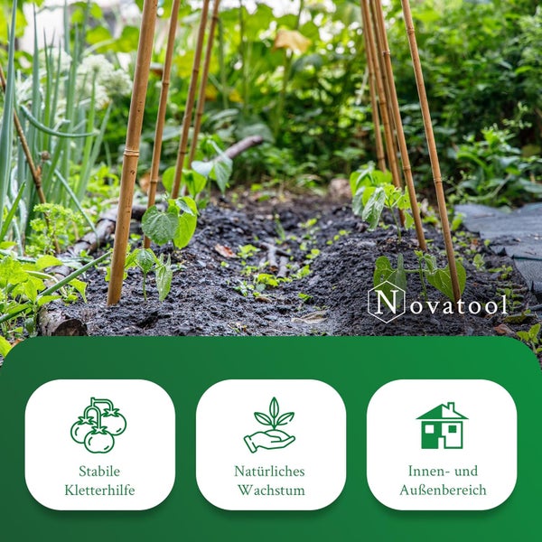 Bambus-Kletterhilfe für Pflanzen im Gartenbeet, Novatool Logo, stabile Kletterhilfe, natürliches Wachstum, für innen und außen geeignet.
