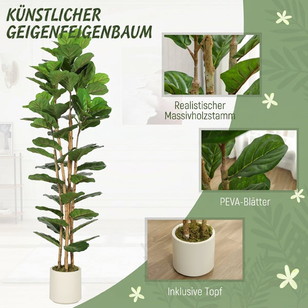 Künstlicher Geigenfeigenbaum mit Massivholzstamm und Blättern aus PEVA, inklusive Topf mit Moos.