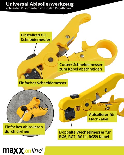 Kabelabisolierer für Koaxialkabel, Antennenkabel, Datenkabel, Cat.5 – Cat. 8 Verlegekabel, Telefonkabel uvm. universelles Abisolierwerkzeug
