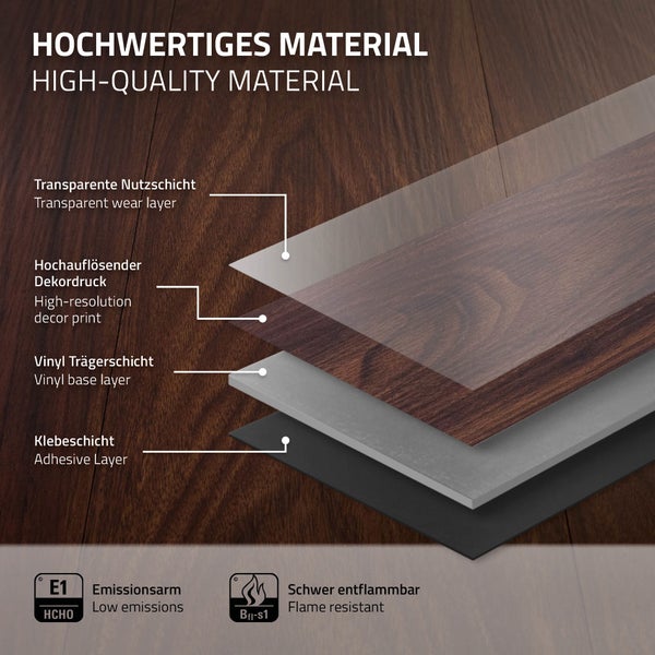 ML-Design Deluxe PVC Bodenbelag, Selbstklebende Vinyl-Dielen, Vinylboden, 91,5 cm x 15,3 cm x 2 mm, Dicke 2 mm, 4,46m²/32 Dielen, Rot-Braun Nuss, Holzoptik, rutschfest, wasserfest, Einfache Verlegung