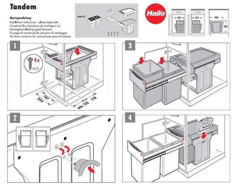 Montageanleitung für das Hailo Tandem Mülltrenn-System in vier Schritten inklusive technischer Zeichnungen mit Millimeterangaben und Hailo Logo.