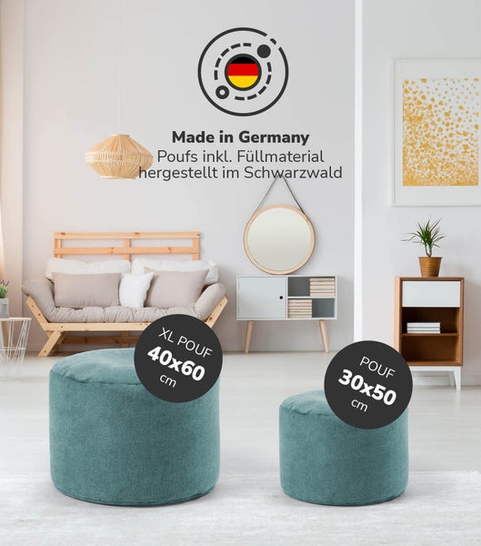 mokebo Pouf, Hocker o. Bodenkissen 'Der Ruhepouf' Sitzhocker rund und Fußhocker fürs Wohnzimmer, leichter Sitzpouf aus Stoff in Petrol