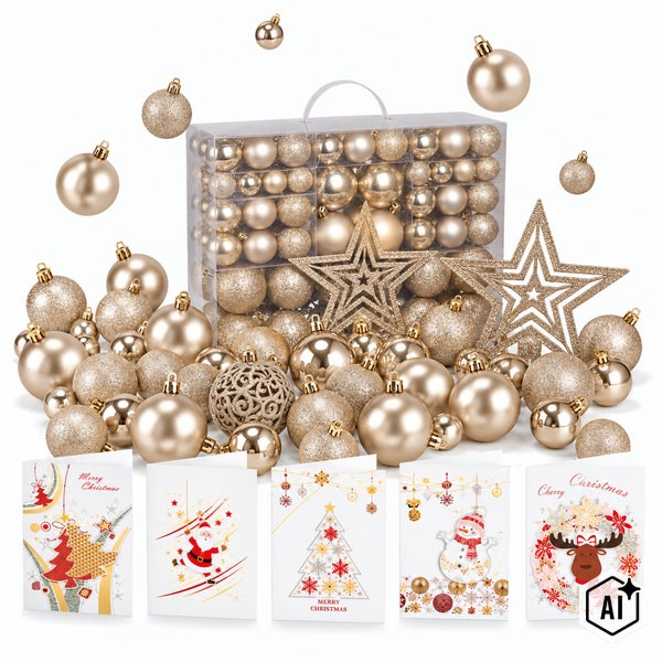Weihnachtsbaumschmuck Set in Gold mit Weihnachtskugeln, zwei Sternen und fünf festlichen Weihnachtskarten in transparenter Aufbewahrungsbox.