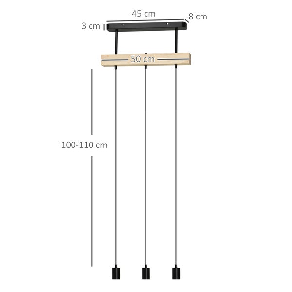Abbildung einer Pendelleuchte mit den Maßen 45 cm mal 8 cm und einer Höhe von 100 bis 110 cm.