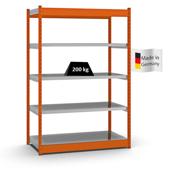 PROREGAL Fachbodenregal Stecksystem Vierkant-Profil Grundregal HxBxT 200 x 132,5 x 60 cm 5 Ebenen Einseitige Bauart Fachlast 200 kg Orange