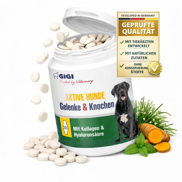 GIGI Nahrungsergänzung für aktive Hunde, Gelenke und Knochen, Tabletten mit Kollagen und Hyaluronsäure, geprüfte Qualität, ohne Konservierungsstoffe.